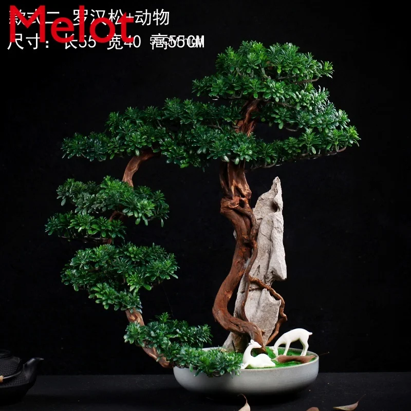 

Greeting Pine New Chinese Style Hotel Living Room Hallway Ornament Podocarpus Macrophyllus Tree Potted Modeling Bonsai