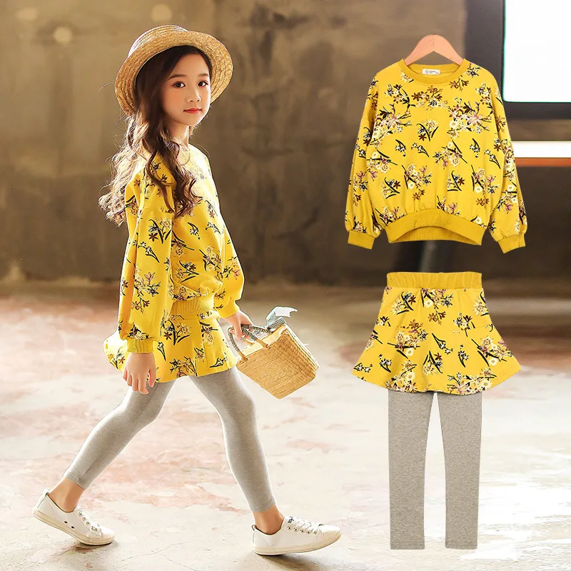 

Yellow Floral Cotton Spring Autumn Warm Children Girls Suit Sweater Culottes 2Pcs/Sets Long Sleeve Clothing Kids Sport School