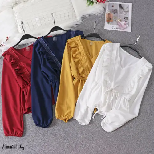 Женские блузки с длинным рукавом v образный вырез Офисная рубашка оборки