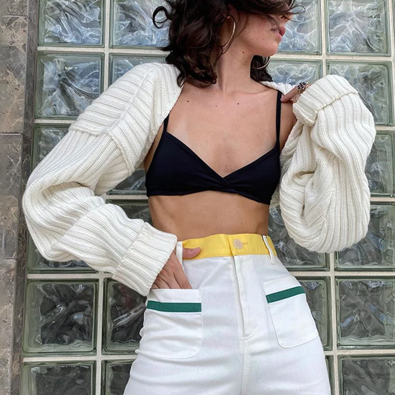 

Новинка весна-осень Повседневный однотонный Вязаный топ с перекрестными краями пикантный короткий свитер с длинными рукавами женский длин...