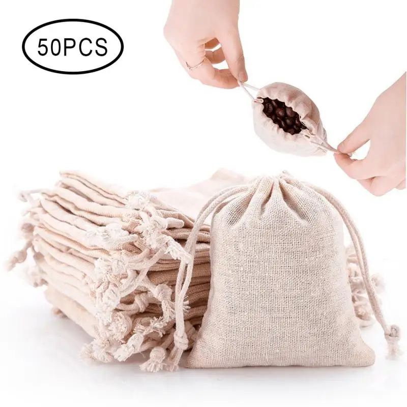 

50pcs Reusable Cotton Drawstring Gift Bag Wedding Christmas Use Sachet Storage Charms Jewelry Packaging Linen Bag
