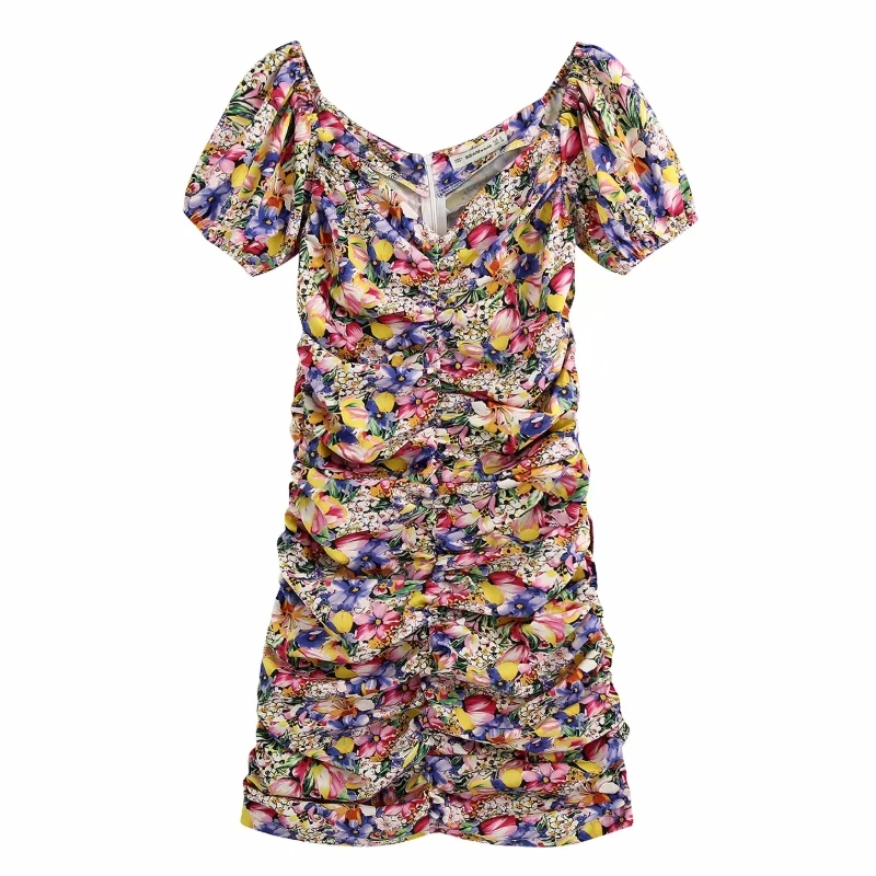 Женское Плиссированное облегающее мини-платье с v-образным вырезом и цветочным