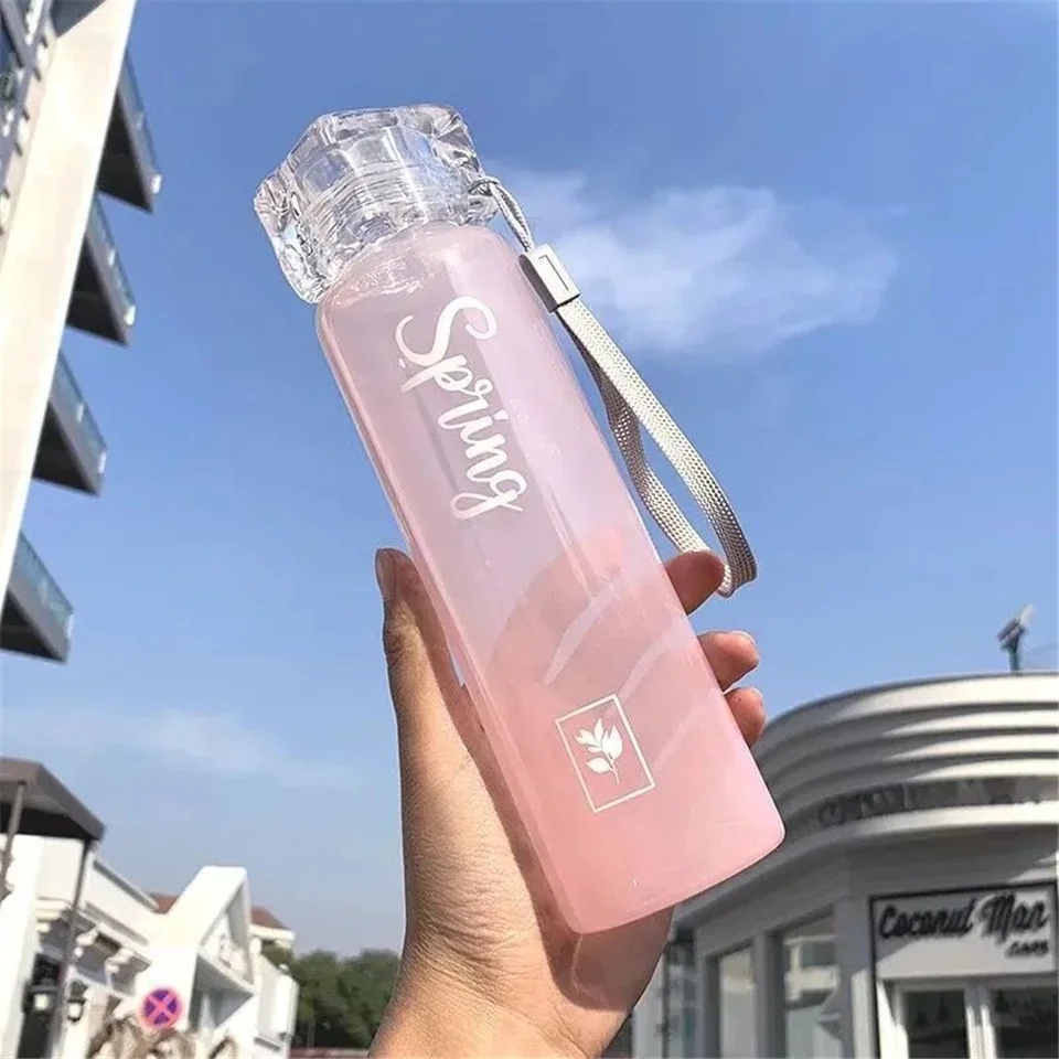 

420ml Glass Water Bottle Portable Candy Color Crystal Lid Drink Bottle with Rope Student Girl Gift Tea Cup Outdoor Sports Bottle