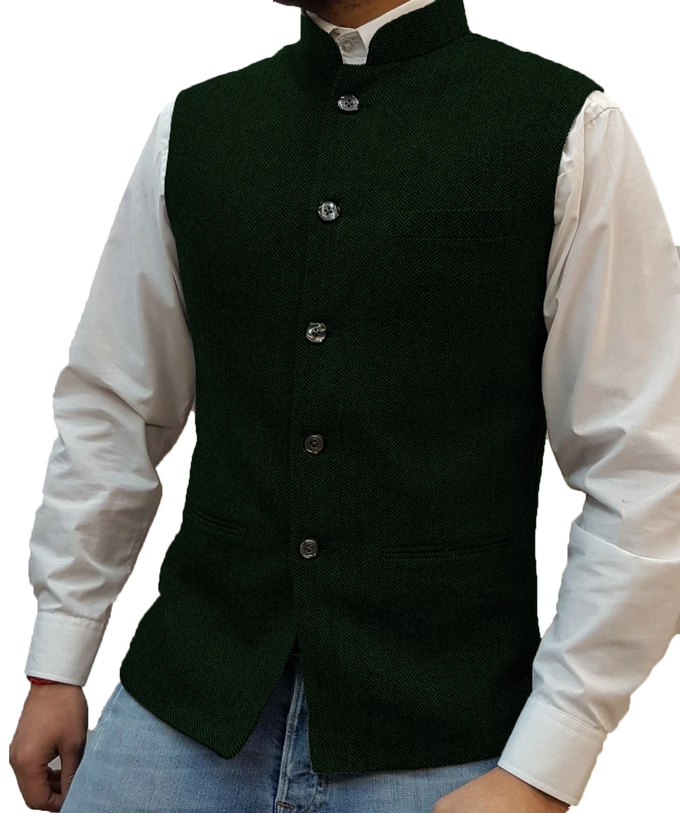 Chinese Style Stand Collar Formal Tweed Waistcoat/Vest Wool Herringbone Hight Quality Size Groom's Wear  Business