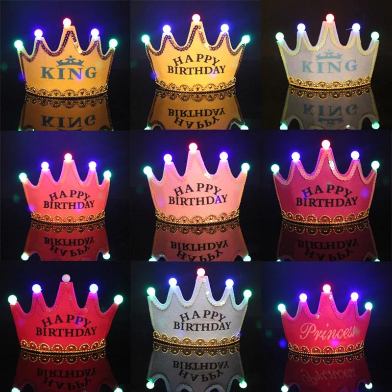 

Happy Birthday Nonwoven Sequins LED Princess Light Crown Hat Birthday Party Supplies For Children And Adults Party Decorations
