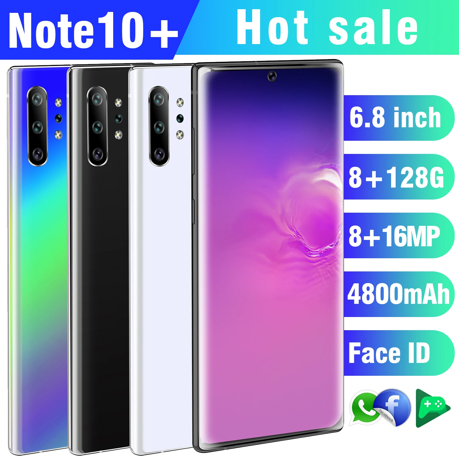 

Note10+ Smartphone 6.8Inch Full Screen 10 Core 4800mAh 8GB 128GB 5GIntelligent wake-up, face recognition, fingerprint unlock o