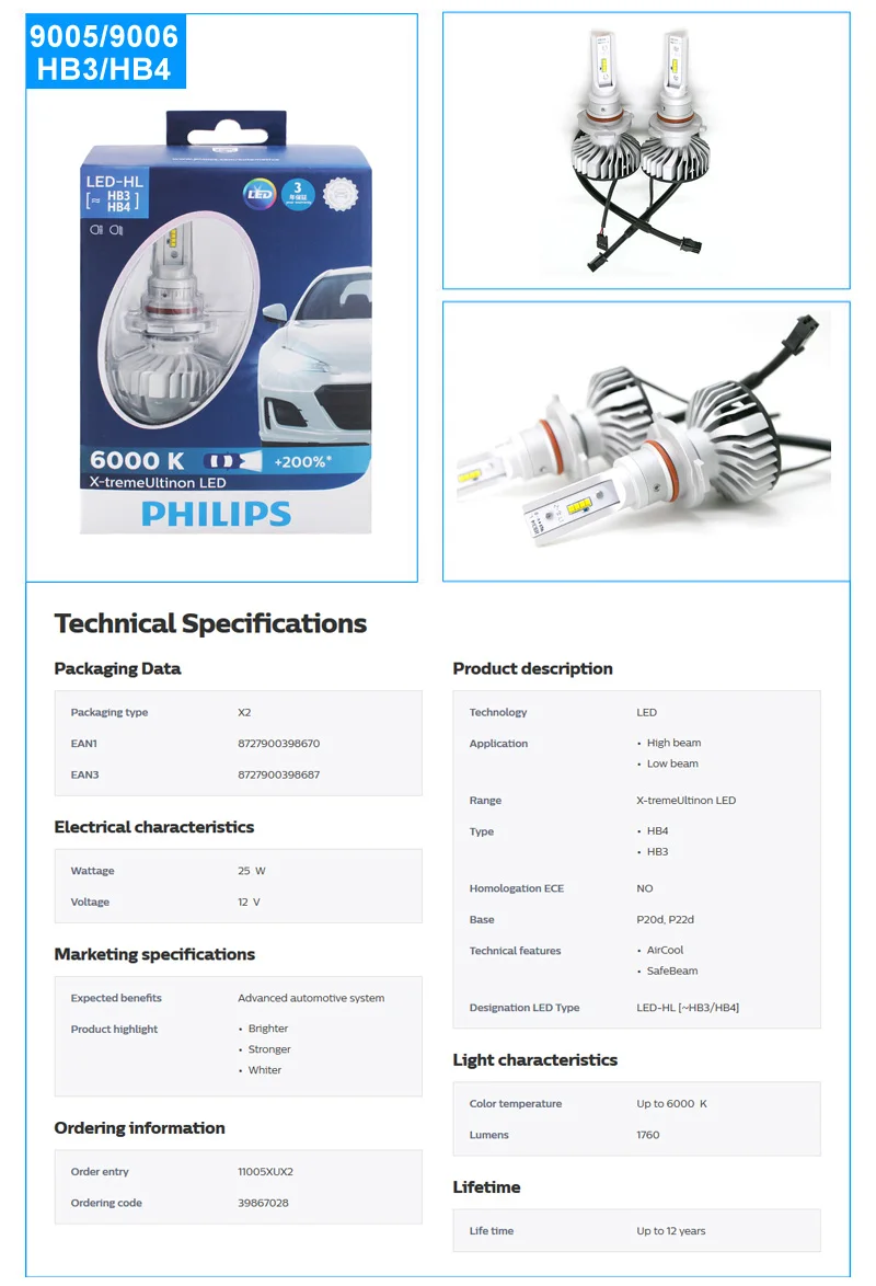 Philips X-treme Ultinon светодиодный H11 6000K холодный белый+ 200% более яркий светодиодный фонарь для автомобиля подлинный ремонт оригинальных ламп 11362XUX2, 2X