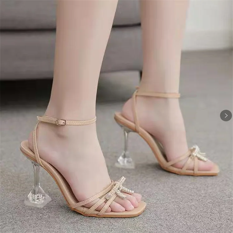 

Women Thin High Heels Shoes Summer Sandals Transparent Gladiator Ankle Strap Sexy Pump Female Party Wedding Ladies Plus Size 43