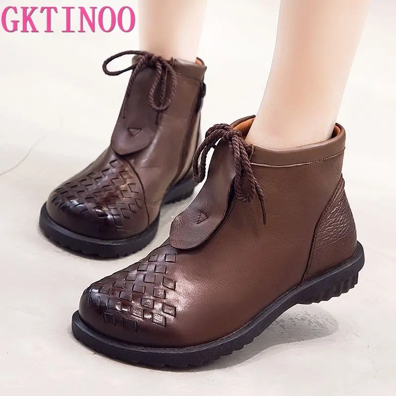 

GKTINOO Winter With Fur Boot Round Toe Ankle Boots Handmade Lady Soft Flat Shoes Casual Vintage Women's Shoe Ladies Boots
