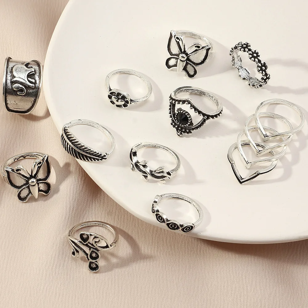 

14Pcs/Set Bohemian Butterfly Elephant Leaf Rings Set Fashion Geometic Gem Rings for Women Bohemian Finger Rings Set Jewelry Gift