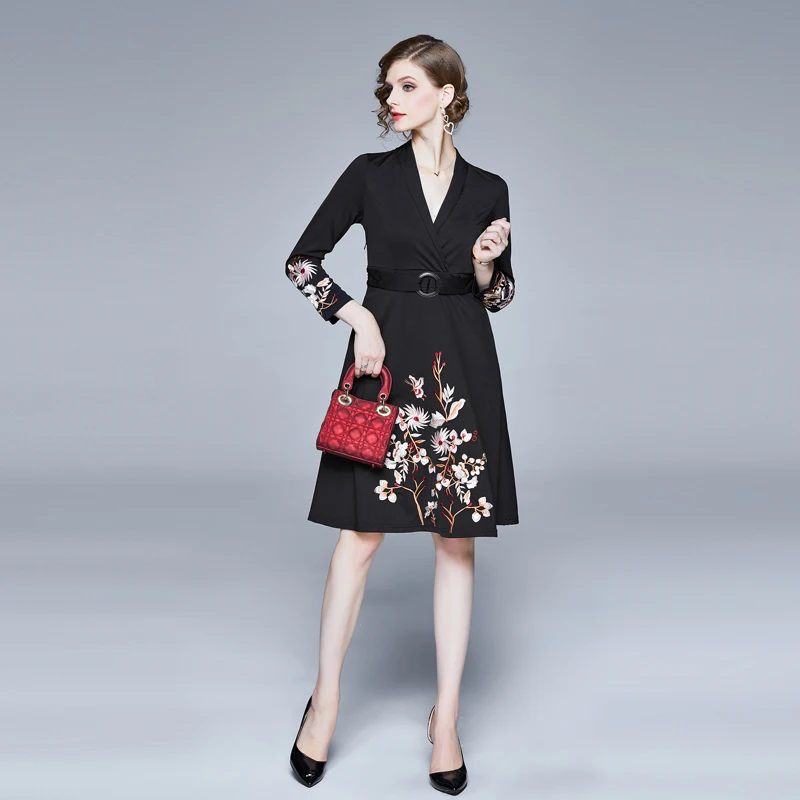 

Spring Autumn Runway Designer Floral Embroidery Dress Long Sleeve Clothes V Neck Casual Office Robe Femme Party Vestidos Black