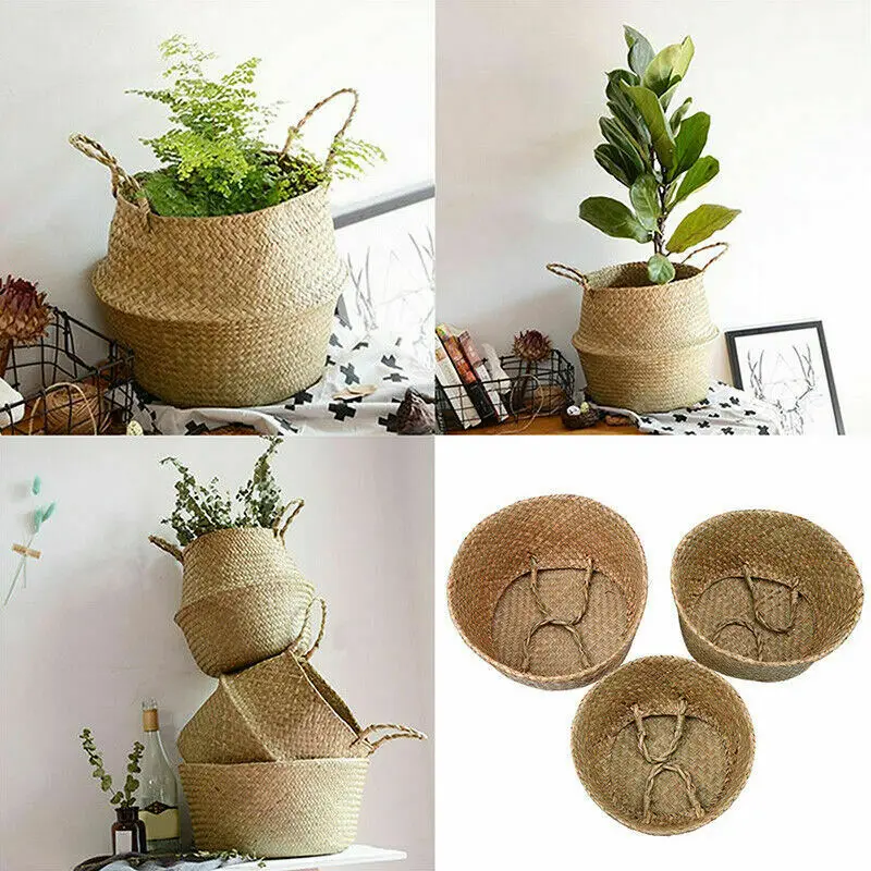 

Foldable Natural Seaweed Woven Straw Basket Storage Pot Garden Flower Vase Hanging Picnic Basket Storage Basket Home Decor