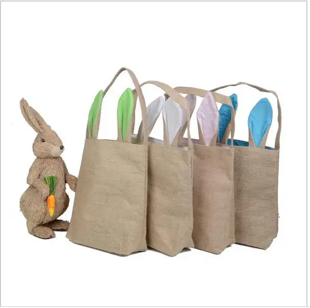 

50pcs Easter Decoration Supplies Easter Gift Bag Jute and cotton Burlap Material Rabbit Ear Shape Bags For child Gifts Packing