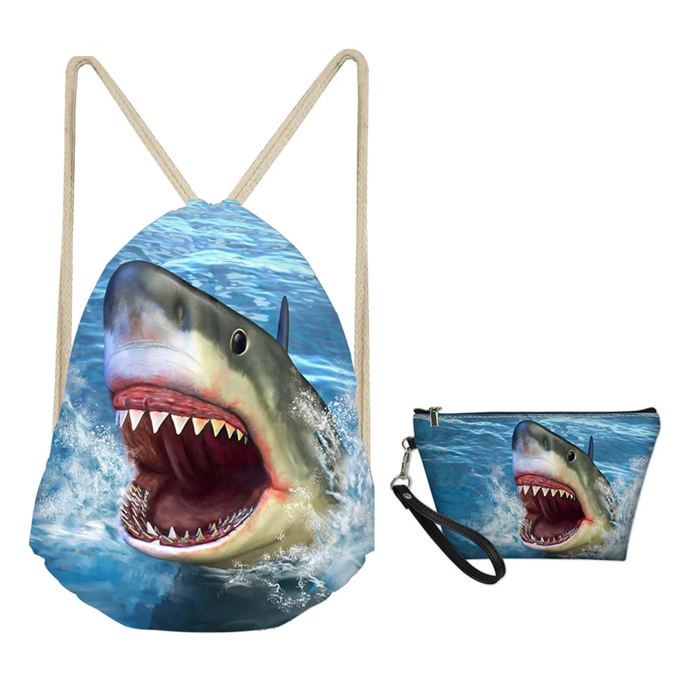 

MOZOEYU Cool Shark Drawstring Bags Set Zoo Animal Print Softback with Makeup Holders for Women Men Cloth Shoes Storage Bags