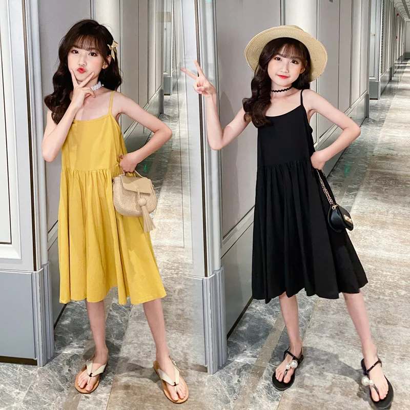 

New Kids Girls Summer Dress Korean Style Teen Girls Solid Casual Dresses Children Summer Clothing Cute Girls Beach Dress, #0040