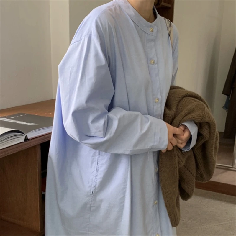 

GOOHOJIO 2020 Autumn Loose Single-breasted Women Shirt Dresses Long Sleeve Dresses Female Solid Color Temperament Dress Women