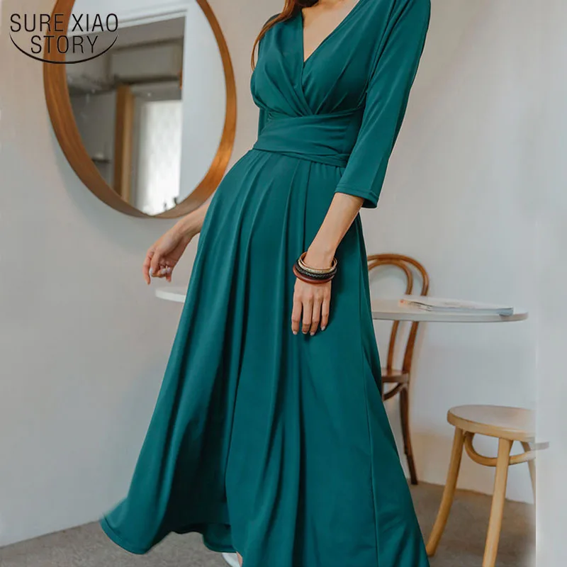 

A-Line Female Dress 2022 New Sexy V-Neck Solid Midi Dress Women High Waist Bow Belt Vintage Party Dresses Fashion Vestidos Chic