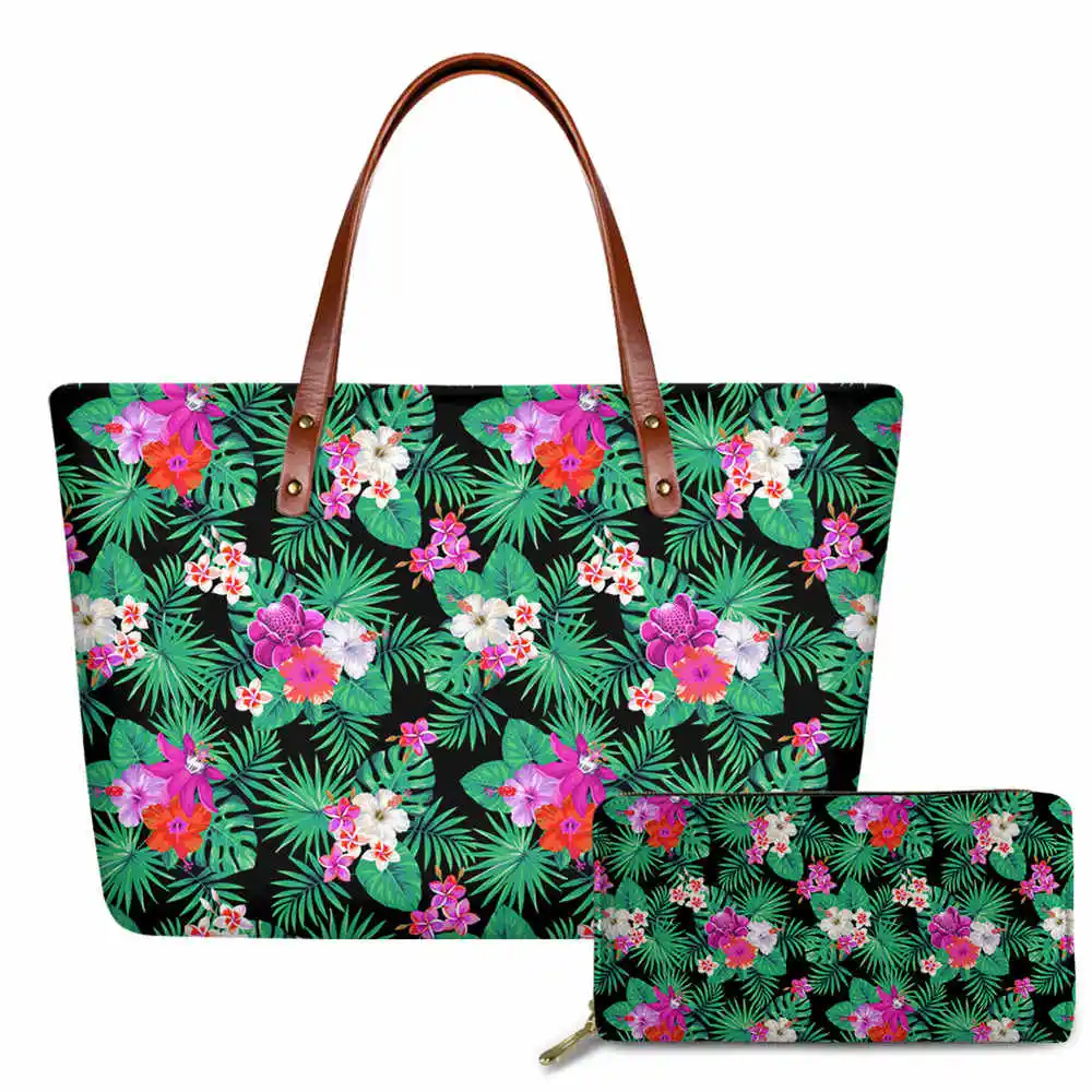 

Bohemia Strips Pattern Handbag 2Pcs Set Hawaii Polynesian Tropical Leaves Printing Shoulder Bag for Woman Leather Tote Bag 2021