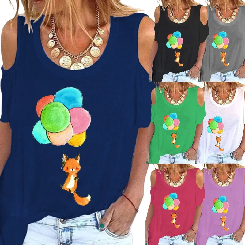 

Women's Casual Cartoon Printed Off Shoulder Tops Round Neck Short Sleeved T-Shirt Loose Graphic Blouse Plus Size