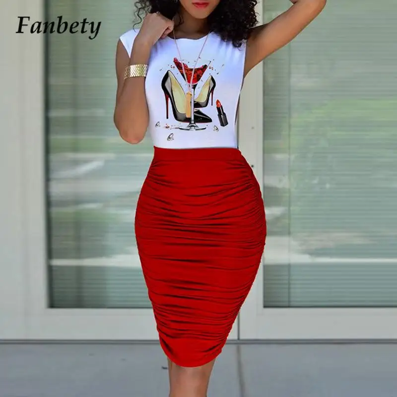 

2022 Summer New Printed Skirt Suits Elegant Ladies Sleeveless O Neck T Shirt Tops + Sexy Slim Pleated Skirts Women Two Piece Set