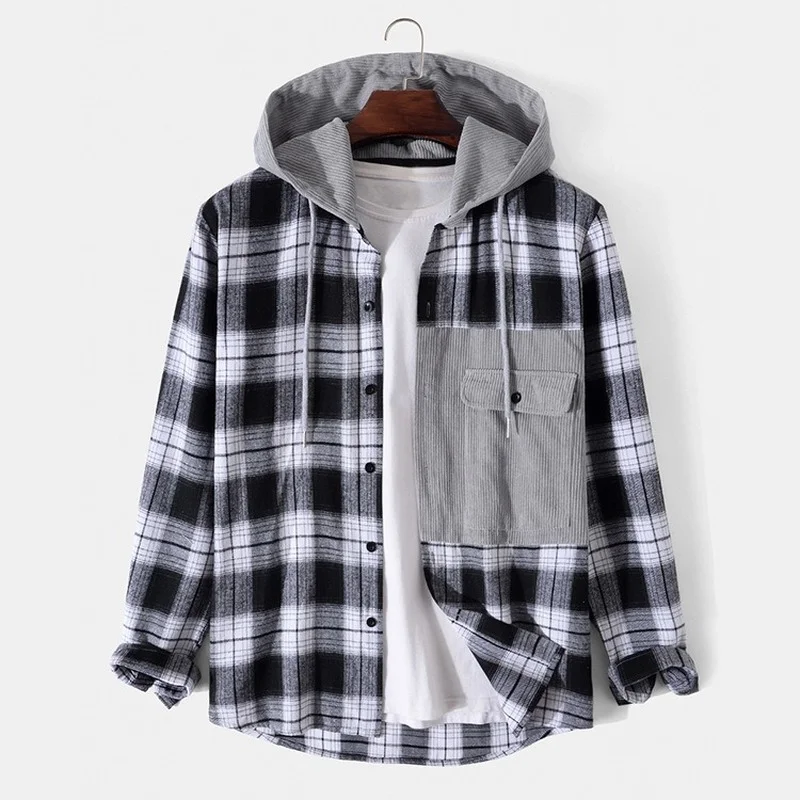 

Men Clothing 2021 Fall New European American Casual Men's Jacket Plaid Hooded Long Sleeve Men's Jacket