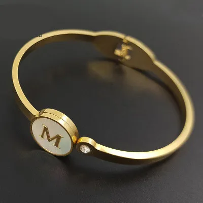 

stainless steel cuff bracelet bangles women bijoux gold color no fade round shell letter bangle pulseras Female Accessories
