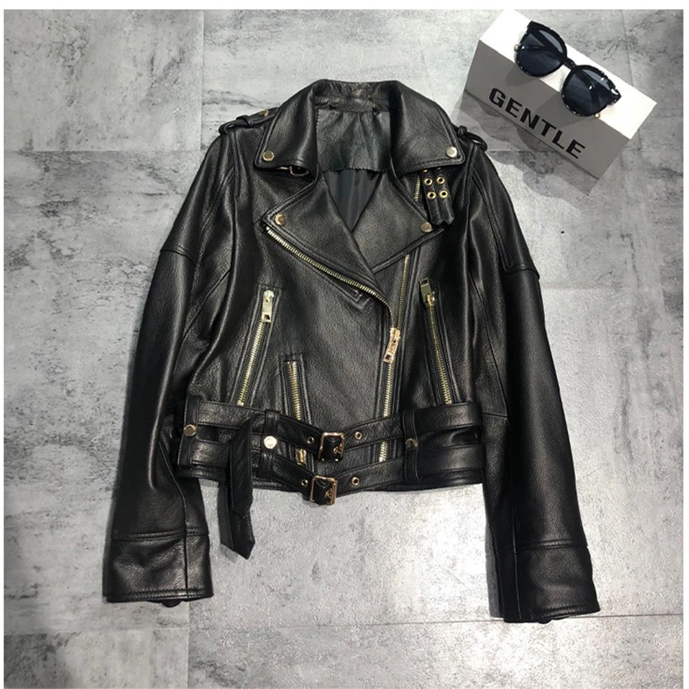 JAZZEVAR 2021 New High Fashion Street Women Real Sheep Skin Female Black Genuine Leather Short Motorcycle Jackets