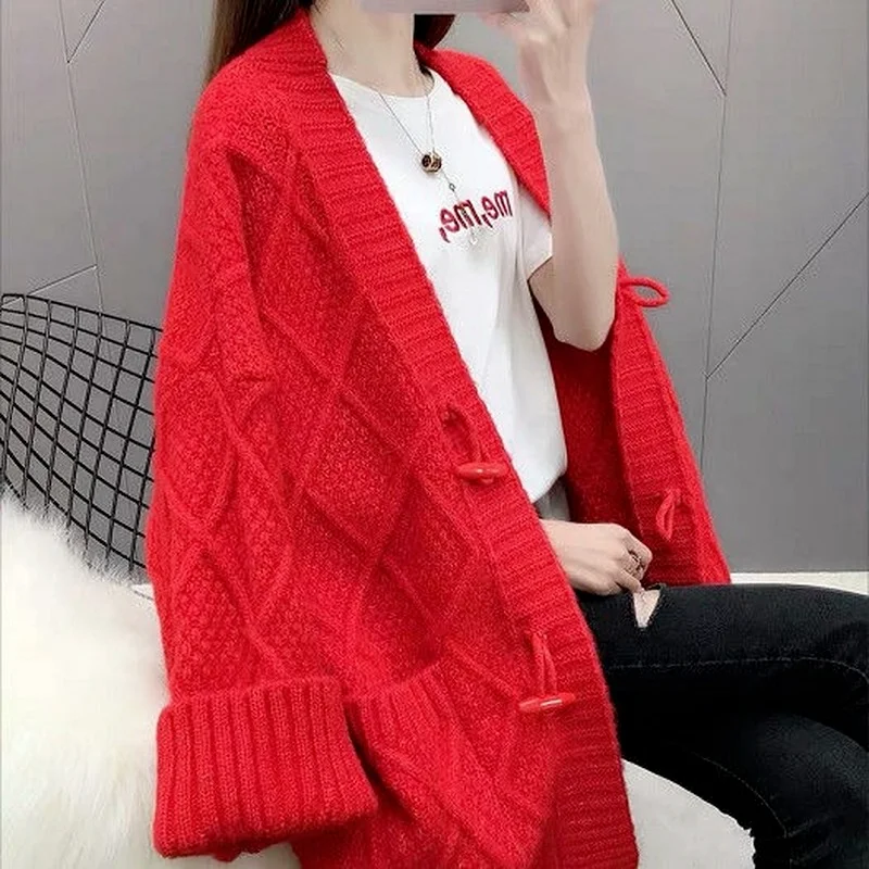 

Women Korean Chic Fashion Single-breasted Loose Knitted Cardigan Sweater Vintage Pockets Female Outerwear Long Sleeve Tops X305