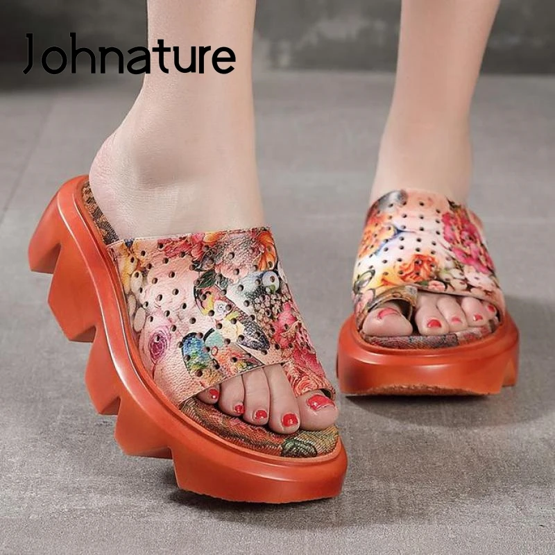 Женские шлепанцы на платформе Johnature натуральная кожа сланцы цветочный принт