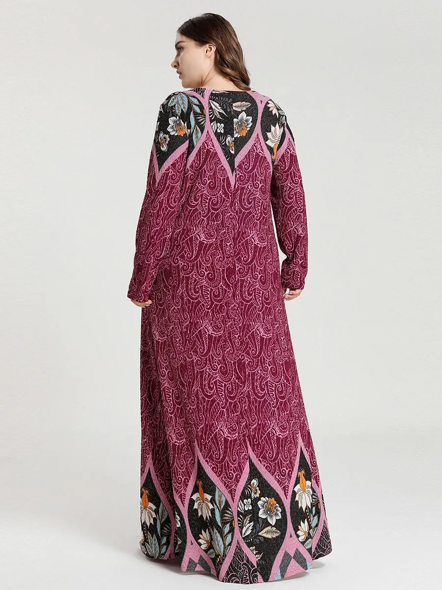 

Large Size Women Dress Floral Printed Fashion Long Sleeve Maxi Dress Casual Muslim Arab Robes Elegant Long Dresses TA9389