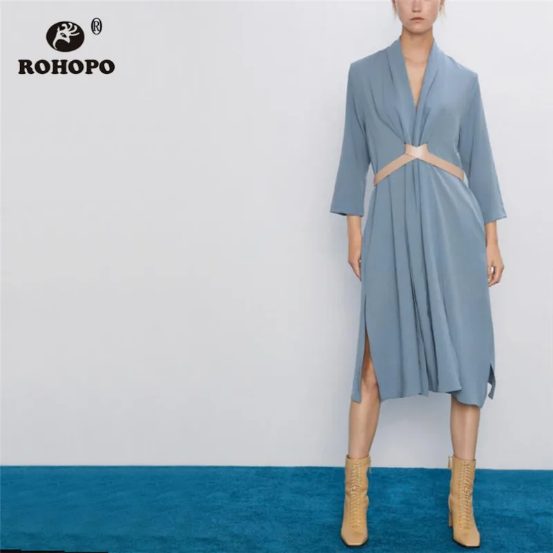 ROHOPO/платье миди с длинным рукавом запахом воротником мешковатым поясом шикарное