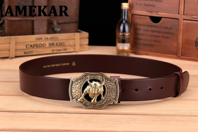 

Solid brass buckle full grain cowhide 100% genuine leather designer belt men high quality luxury cowboy brown black camel real