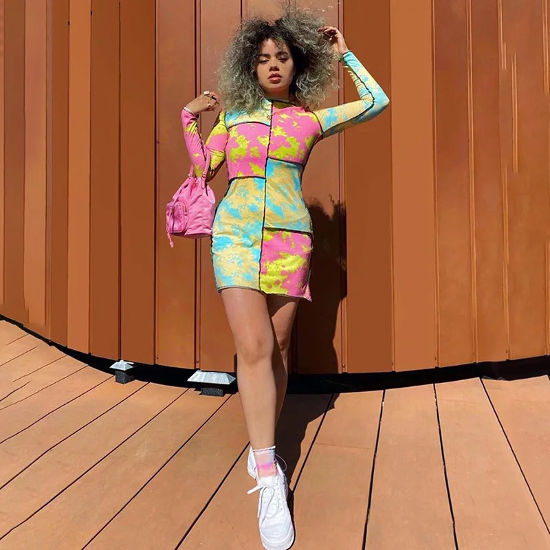 

Женское мини-платье-карандаш, летнее короткое Пестрое платье с высоким воротником, длинным рукавом и высокой талией