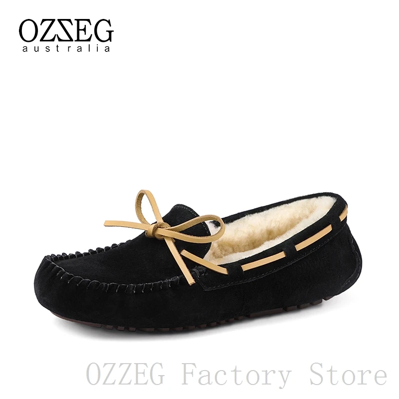 OZZEG/Роскошная брендовая дизайнерская обувь; женская зимняя обувь из натуральной кожи на плоской подошве; мужской зимний жакет на овечьем меху; лоферы с меховой подкладкой; обувь унисекс - Цвет: Women Black