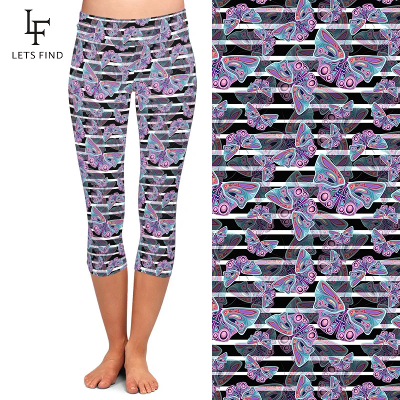 Летние женские леггинсы капри LETSFIND с принтом бабочек большие размеры высокой