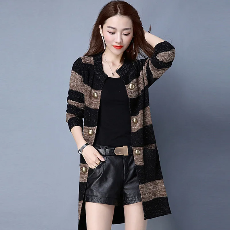 Women Spring And Autumn Sweater Coat New Womens 2020 Knitted Cardigan Large size Striped Medium long OK056 |