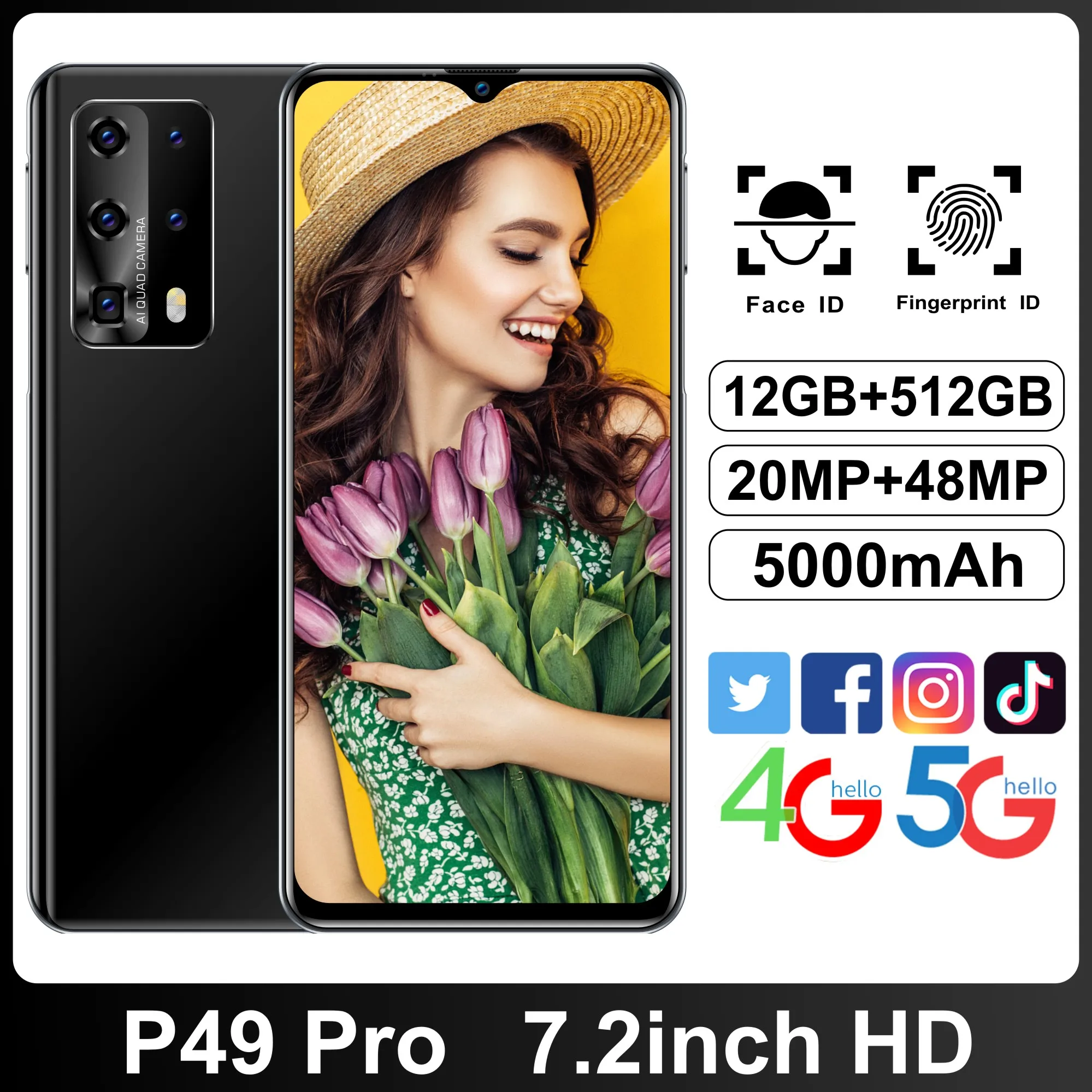 

P49Pro 12+512GB Smartphone Brand New Global Version 7.2 inch Android 10 Ten Core 40MP 5000mAh Side Key Fingerprint Unlock Type-C