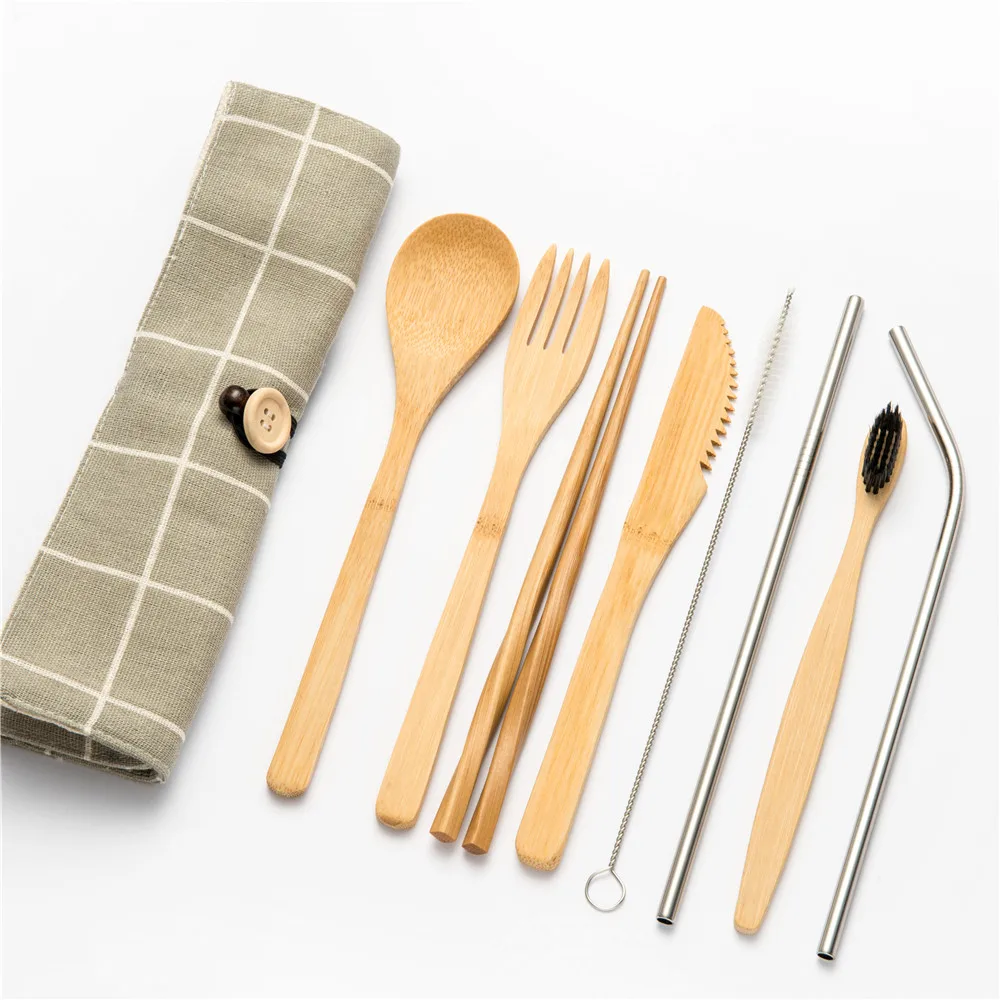 10pcs set002 Tableware Set Portable Bamboo Cutlery Kitchen Food Wooden Tableware Dining Tool Catering Dinnerware Set Cutlery Travel - Цвет: 10pcs set002