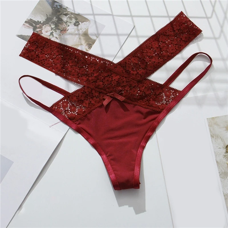 

Ladies Sexy Lace Briefs Fashion Cross Belt Seamless Bow Hollow Out Underwear Women Low Rise Solid Color Lingerie