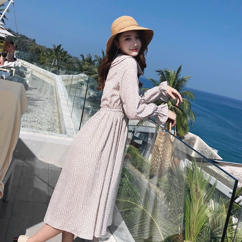 Весна Осень 2020 Новое Стильное платье средней длины с воротником в виде листьев