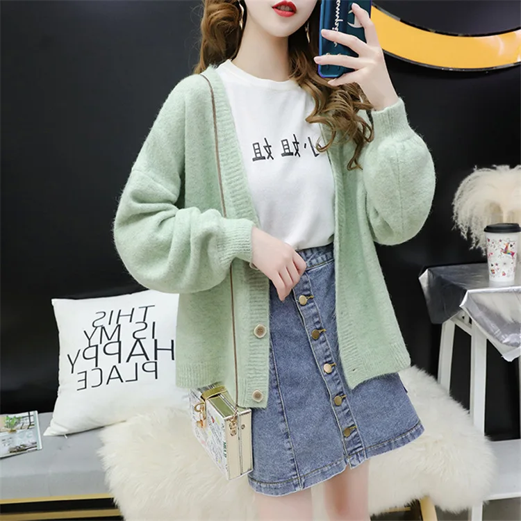 

New Fashion Women Cardigan Sweater Female Fall Korean Style V-Neck Knitted Sweaters Ladies Winter Solid Casual Warm Loose Coat