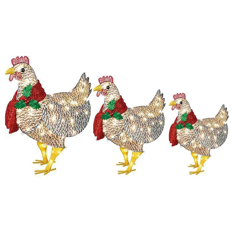 

3 Pcs Light-Up Chicken with Scarf Holiday Decoration, LED Christmas Outdoor Ornaments Yard Art for Garden Patio Lawn