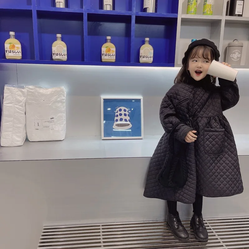 

Осенне-зимнее пальто для девочек, детская куртка, детская верхняя одежда, теплая детская одежда с геометрическим рисунком и рюшами на талии,...