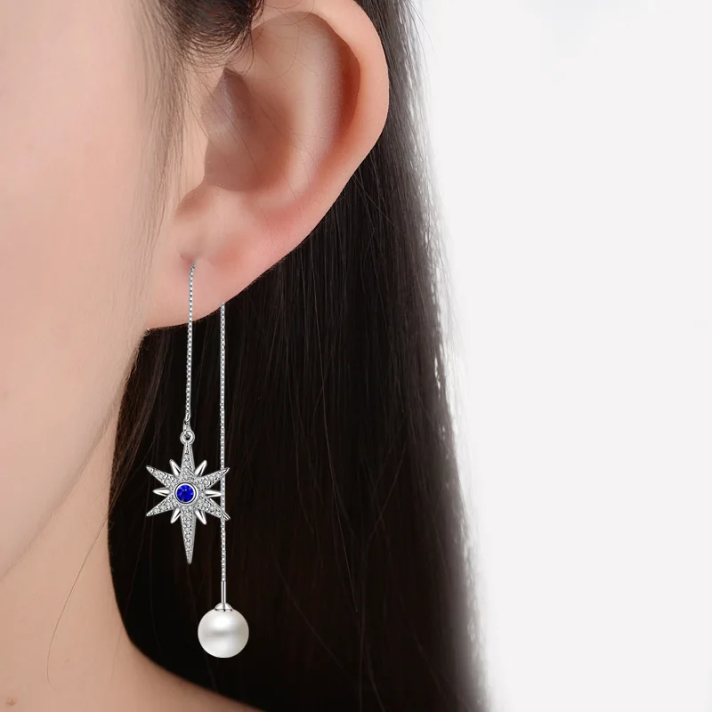 

Dreamhonor 2021 Trendy Fashion Pearl Hexagram Earrings for Women 925 Sterling Silver Long Drop Earring Jewelry