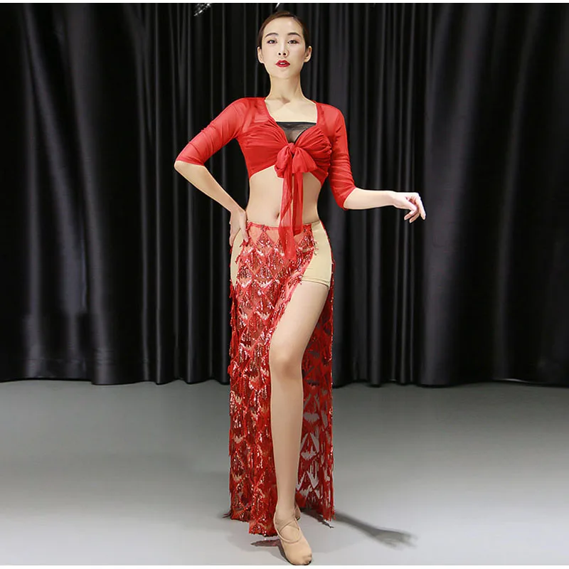 

Женский костюм для танца живота, откровенный топ с рукавом до локтя и юбка, костюм для соревнований, костюм для танца живота 2cps, на осень и ле...