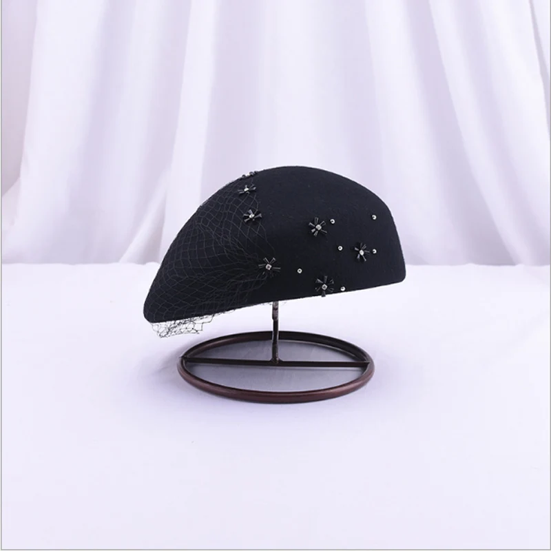 Берет из 100% шерсти фетровый женский Британская модная шляпа стразы вечерний