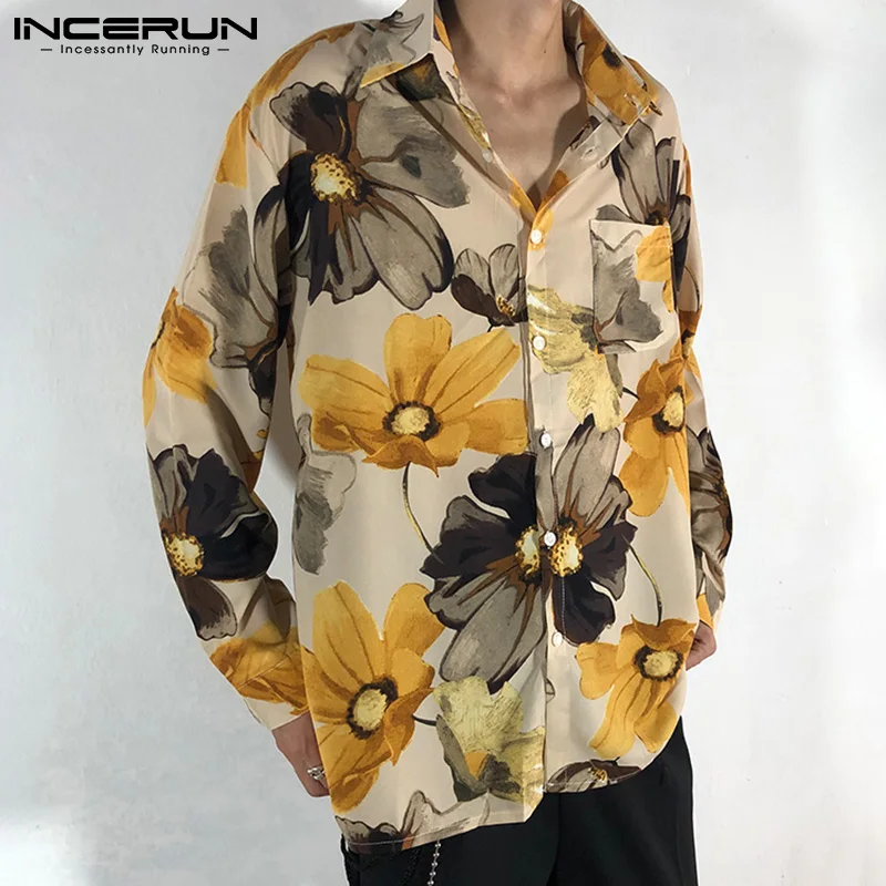 

Рубашка INCERUN мужская с винтажным принтом, блузка с лацканами и длинными рукавами для отдыха, Повседневная дышащая майка на пуговицах, с цвет...