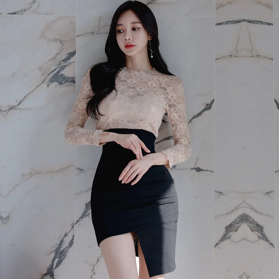 Женское офисное платье весеннее привлекательное Кружевное облегающее черное