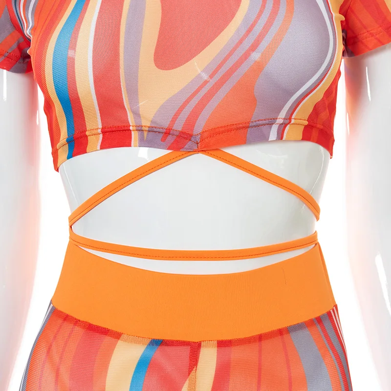 

Tie-dyed Print Sheer Mesh Two Piece Set Woman Short Sleeve Criss-Cross Lace Up Crop Top And Pencil Pants Club Party Outfits