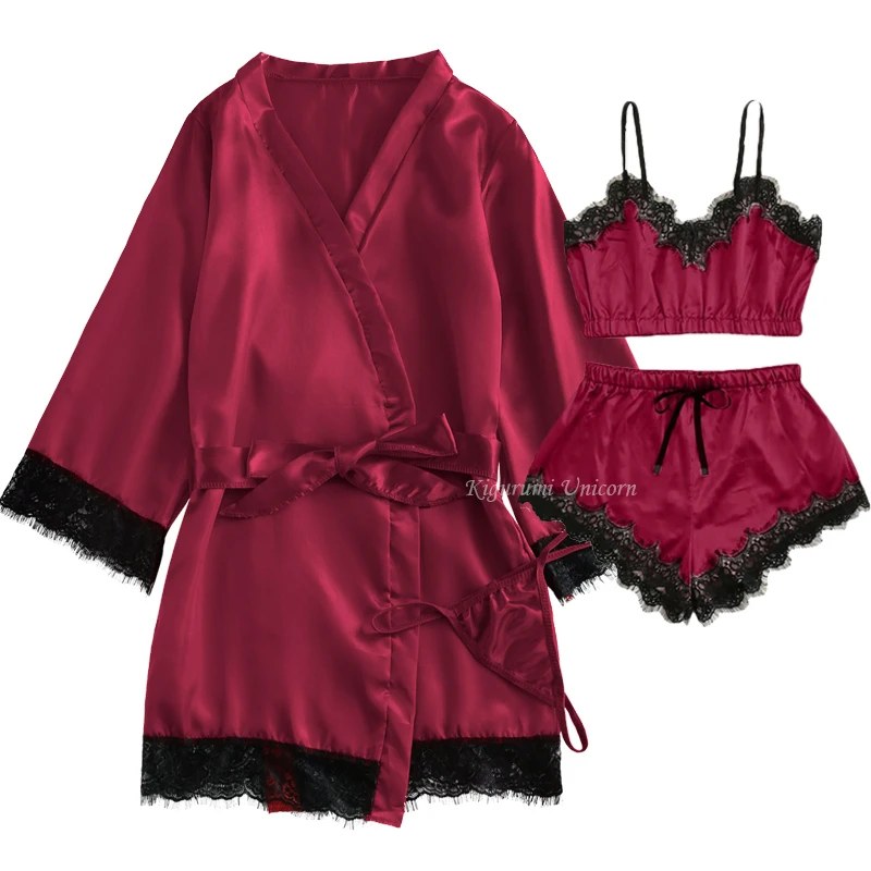 

Women Silk 4PCS Robe Set Bride Wedding Red Solid color Robe Gown Lace Sexy Bathrobe Night Dress Casual Nightgown Sleepwear